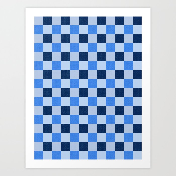 French Ocean Blue Checks Pattern Art Print