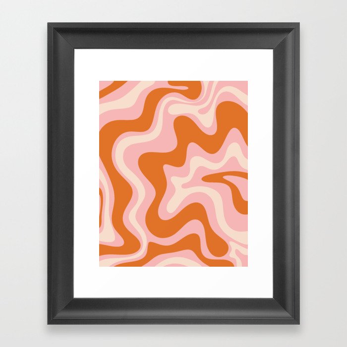 Liquid Swirl Retro Abstract Pattern in Pink Orange Cream Framed Art Print