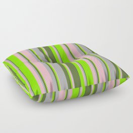 [ Thumbnail: Light Pink, Dark Grey, Dark Olive Green, and Chartreuse Colored Lines/Stripes Pattern Floor Pillow ]