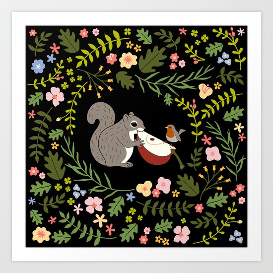 Friendship in Wildlife_Squirrel and Robin_Bg Black Art Print