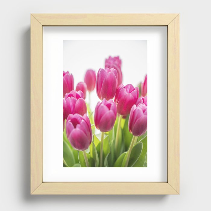 Summer floral bright pink tulips art print - spring flowers green leaves - nature photography Recessed Framed Print