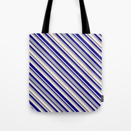 [ Thumbnail: Dark Gray, Beige, and Dark Blue Colored Lined Pattern Tote Bag ]
