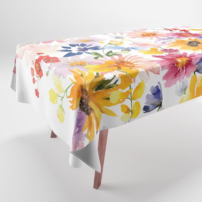 Colorful Hand Painted Watercolors Summer Flowers Meadow Tablecloth