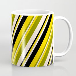 [ Thumbnail: Yellow, Green, Beige, and Black Colored Lines/Stripes Pattern Coffee Mug ]