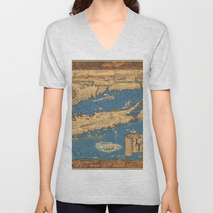 Long Island map.-Vintage Pictorial Map V Neck T Shirt