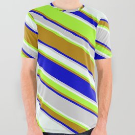 [ Thumbnail: Colorful Light Gray, Mint Cream, Light Green, Dark Goldenrod, and Blue Colored Striped/Lined Pattern All Over Graphic Tee ]