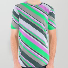 [ Thumbnail: Eyecatching Dark Gray, Dark Slate Gray, Lavender, Violet, and Green Colored Striped Pattern All Over Graphic Tee ]