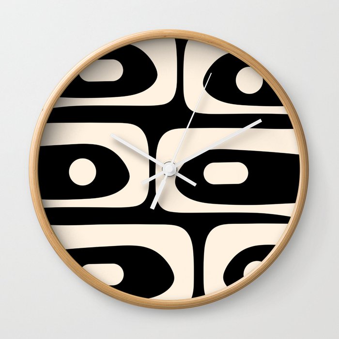 Mid Century Modern Piquet Abstract Pattern in Black and Almond Cream Wall Clock