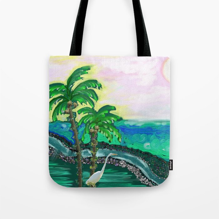 Tropical Ocean View with Egret Tote Bag