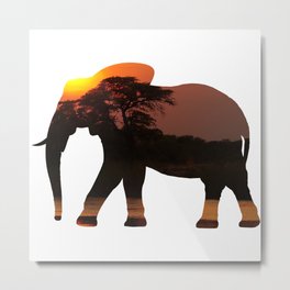 Elephant Silhouette with Africa Scene Inlay Metal Print