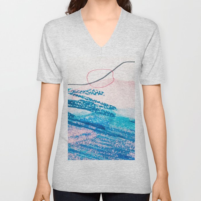 Abstract hand painted pink blue watercolor brushstrokes V Neck T Shirt