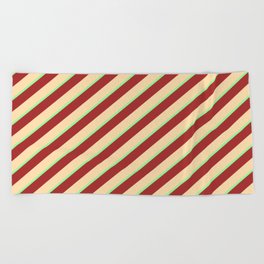 [ Thumbnail: Green, Brown, and Tan Colored Striped/Lined Pattern Beach Towel ]