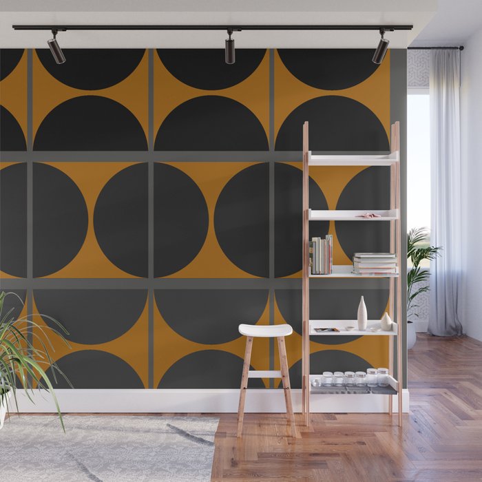 Black and Gray Gradient with Gold Squares and Half Circles Digital Illustration - Artwork Wall Mural