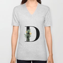 D Floral Letter Initial V Neck T Shirt