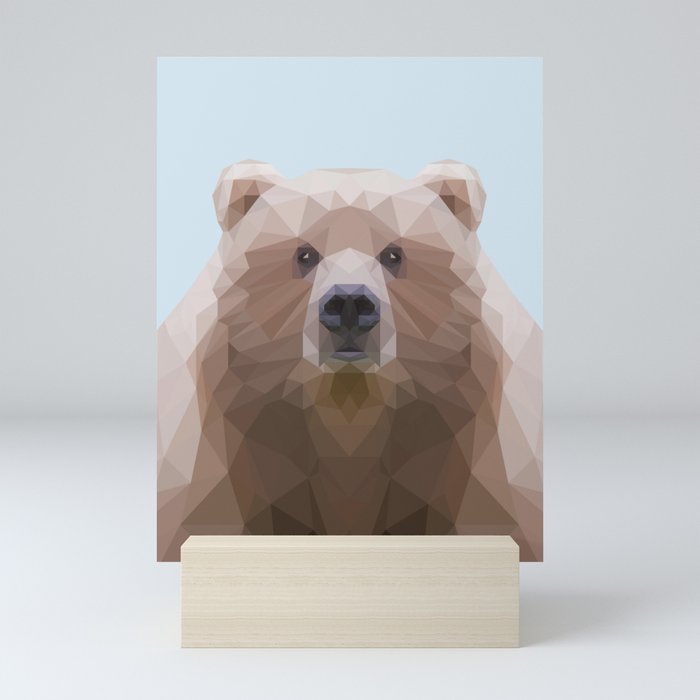 Cute geometric bear on blue/grey background Mini Art Print
