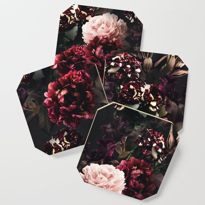 Vintage bouquets of garden flowers. Roses, dark red and pink peony.  Coaster