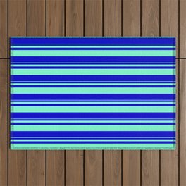 [ Thumbnail: Aquamarine and Blue Colored Striped Pattern Outdoor Rug ]