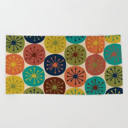 Atomic Dots Pattern in Mid Mod Teal, Orange, Olive, Blue, Mustard, and Beige Beach Towel