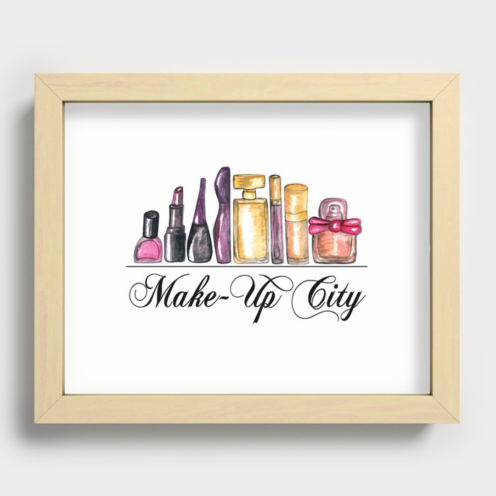 Beauty Products Watercolor Paint, Make Up City Recessed Framed Print