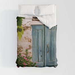 Greek Holiday Scene - Blue Door with Pink Flowers - Still Live Travel Photography, Colorful Fine Art Duvet Cover