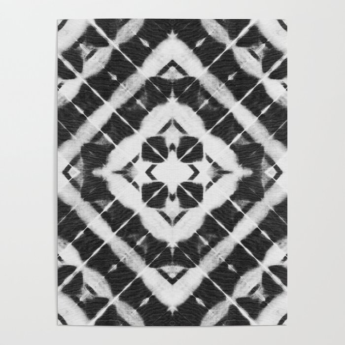 Shibori style black and white diagonal striped tile Poster