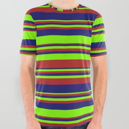 [ Thumbnail: Chartreuse, Red, and Midnight Blue Colored Striped Pattern All Over Graphic Tee ]