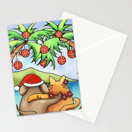 Hawaiian ChristmaS Card Dog and Cat Beach Stationery Cards