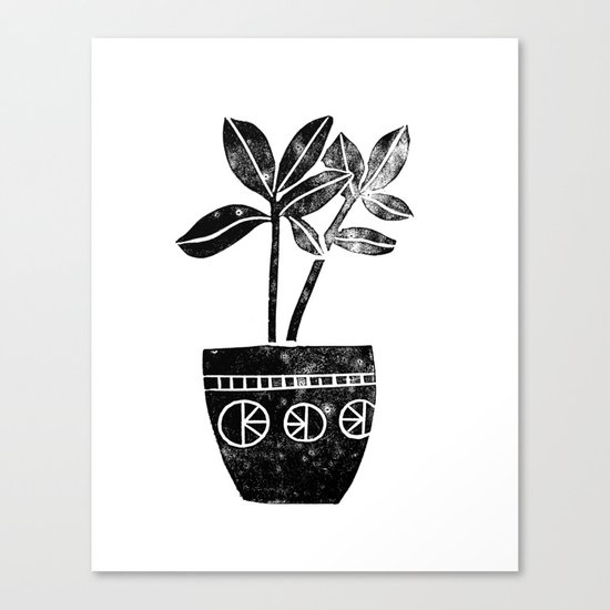 Rubber Plant linocut lino printmaking illustration black and white houseplant art decor dorm college Canvas Print