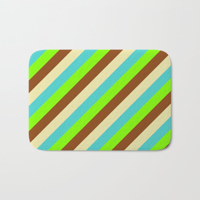 Turquoise, Chartreuse, Brown & Pale Goldenrod Colored Lined Pattern Bath Mat