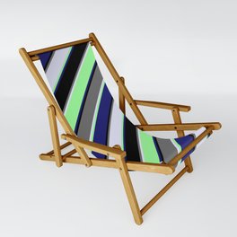 [ Thumbnail: Colorful Dim Gray, Lavender, Green, Midnight Blue & Black Colored Striped/Lined Pattern Sling Chair ]