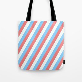 [ Thumbnail: Light Sky Blue, Light Coral, and Mint Cream Colored Lined Pattern Tote Bag ]