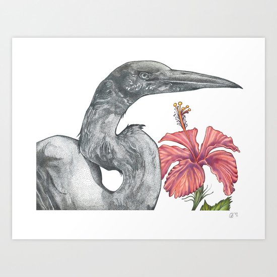 Egret with Hibiscus Art Print