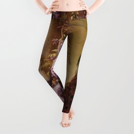 Peacock, White Doves, Yellow Iris & Purple Flowering Wisteria in a Garden landscape floral painting Leggings