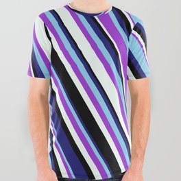 [ Thumbnail: Vibrant Midnight Blue, Sky Blue, Dark Orchid, Mint Cream, and Black Colored Lined/Striped Pattern All Over Graphic Tee ]