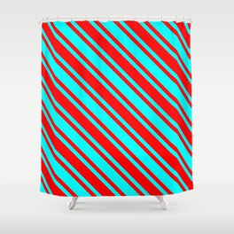 [ Thumbnail: Aqua and Red Colored Lined Pattern Shower Curtain ]