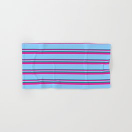 [ Thumbnail: Dark Cyan, Deep Pink, and Light Sky Blue Colored Lined Pattern Hand & Bath Towel ]