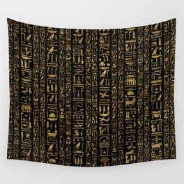 Egyptian hieroglyphs vintage gold on black Wall Tapestry