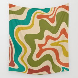 Liquid Swirl Retro Abstract Pattern in Mid Mod Colours on Beige Wall Tapestry