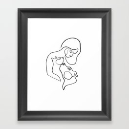Cat and Dog with Woman, Minimalist Line Art in Black and White Framed Art Print