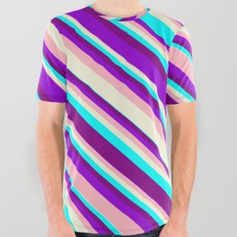 [ Thumbnail: Dark Violet, Light Pink, Beige, Cyan, and Purple Colored Lines Pattern All Over Graphic Tee ]