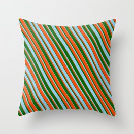 [ Thumbnail: Dark Green, Sky Blue, and Red Colored Striped Pattern Throw Pillow ]