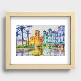 a Beautiful Spanish Colonial Style Church Sitting next to a Central Fountain Recessed Framed Print