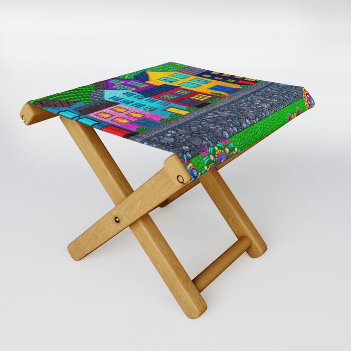 Dot Painting Colorful Village Houses, Hills, and Garden Folding Stool