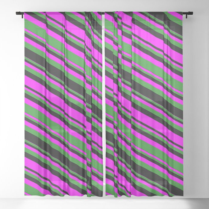 Fuchsia, Forest Green & Black Colored Lines/Stripes Pattern Sheer Curtain