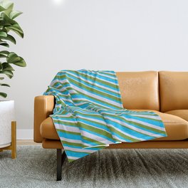 [ Thumbnail: Deep Sky Blue, Lavender, and Green Colored Lined Pattern Throw Blanket ]
