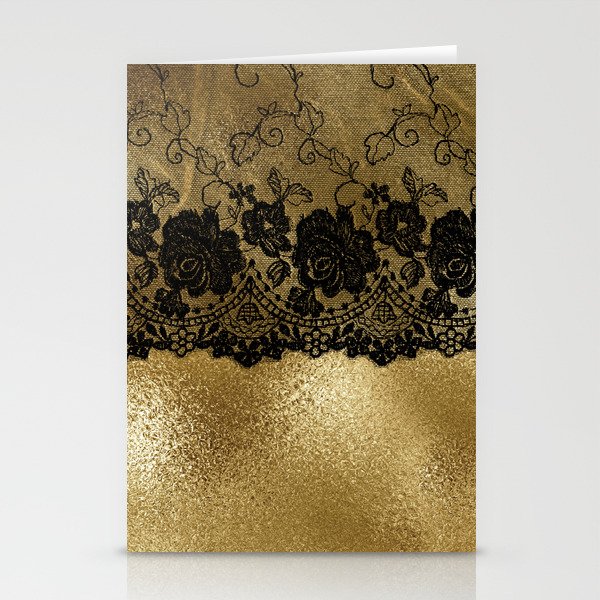Black luxury lace on gold glitter effect metal- Elegant design Stationery Cards