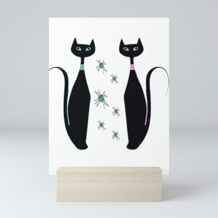 Pink and Turquoise Retro Cat Meet Mini Art Print