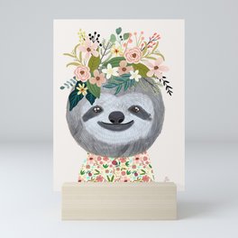 Sloth with flowers on head Mini Art Print