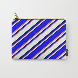 [ Thumbnail: Blue, Light Coral, Mint Cream & Black Colored Lined Pattern Carry-All Pouch ]