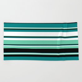 [ Thumbnail: Teal, White, Aquamarine & Black Colored Lined Pattern Beach Towel ]